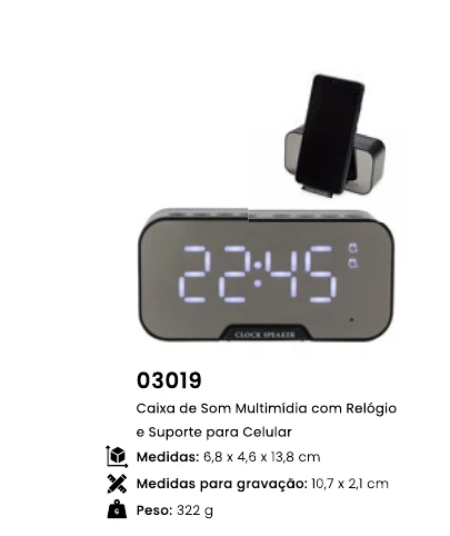 Caixa de Som Multimídia com Relógio e Suporte para Celular